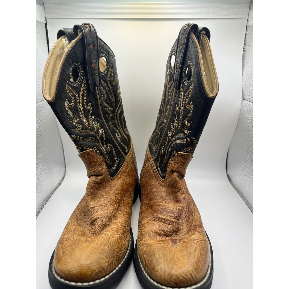 Old West Kids Leather Cowboy Boots CW2553 Tan Black Western Style Size 10 - Picture 4 of 7